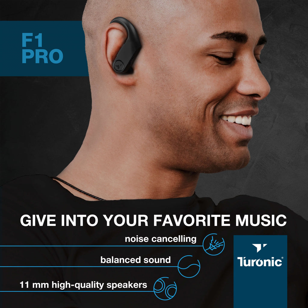 Turonic F1 Pro - True Wireless Earbuds - 45H Playtime, Charging case, Mic, IPX7 Waterproof Bluetooth Headphones w/Microphone - Sport Wireless Earphones with Earhook for Gym, Running, Workout - Black