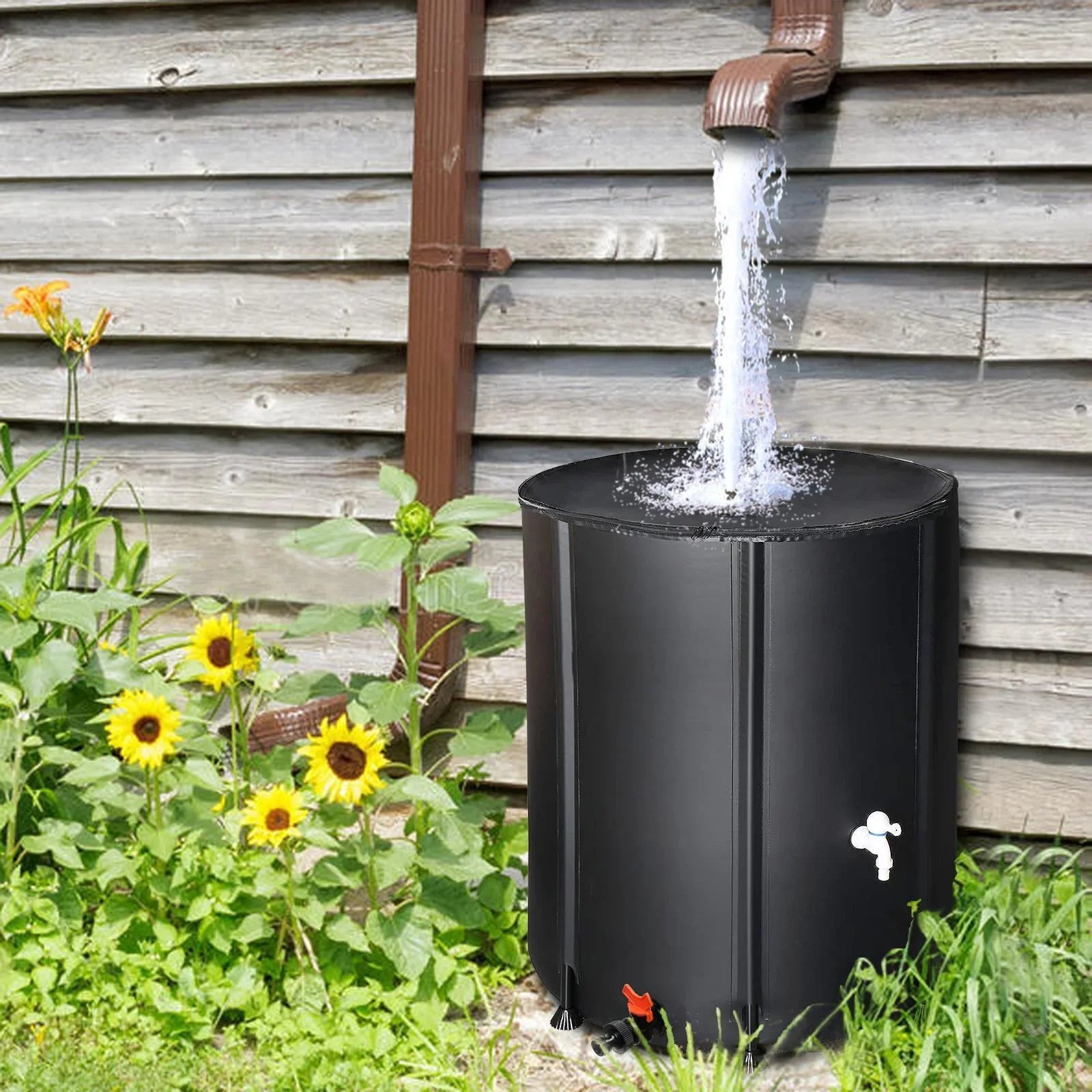 Portable Rain Barrel Water Collector Tank with Spigot Filter Black 50 Gallon