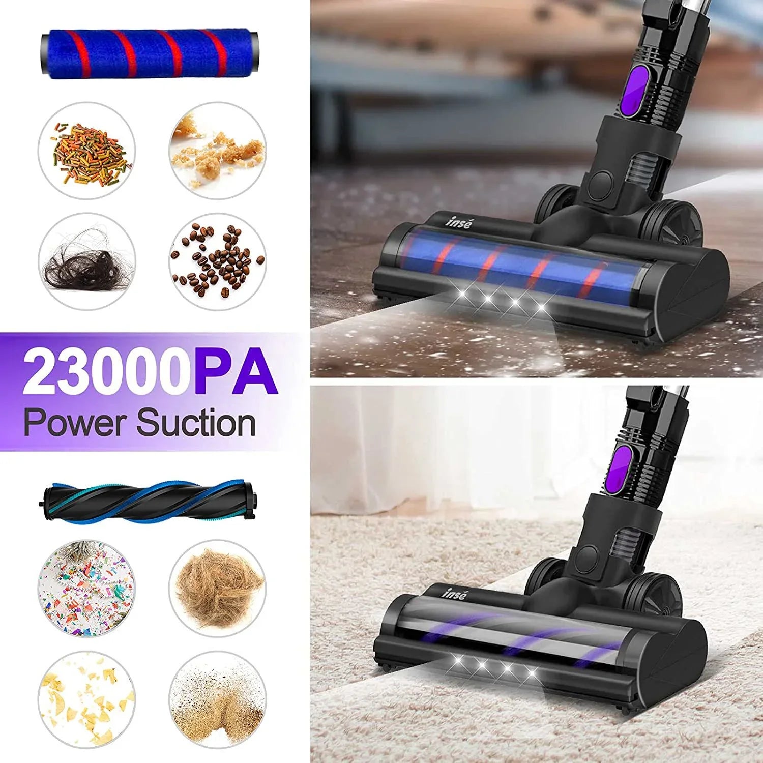 Cordless Vacuum Cleaner,10-in-1 Lightweight Handheld,23Kpa 250W Brushless Motor Stick Vacuum,Up to 45 Mins Runtime 2500mAh Rechargeable Battery for Carpet Hard Floor Pet Hair - Purple