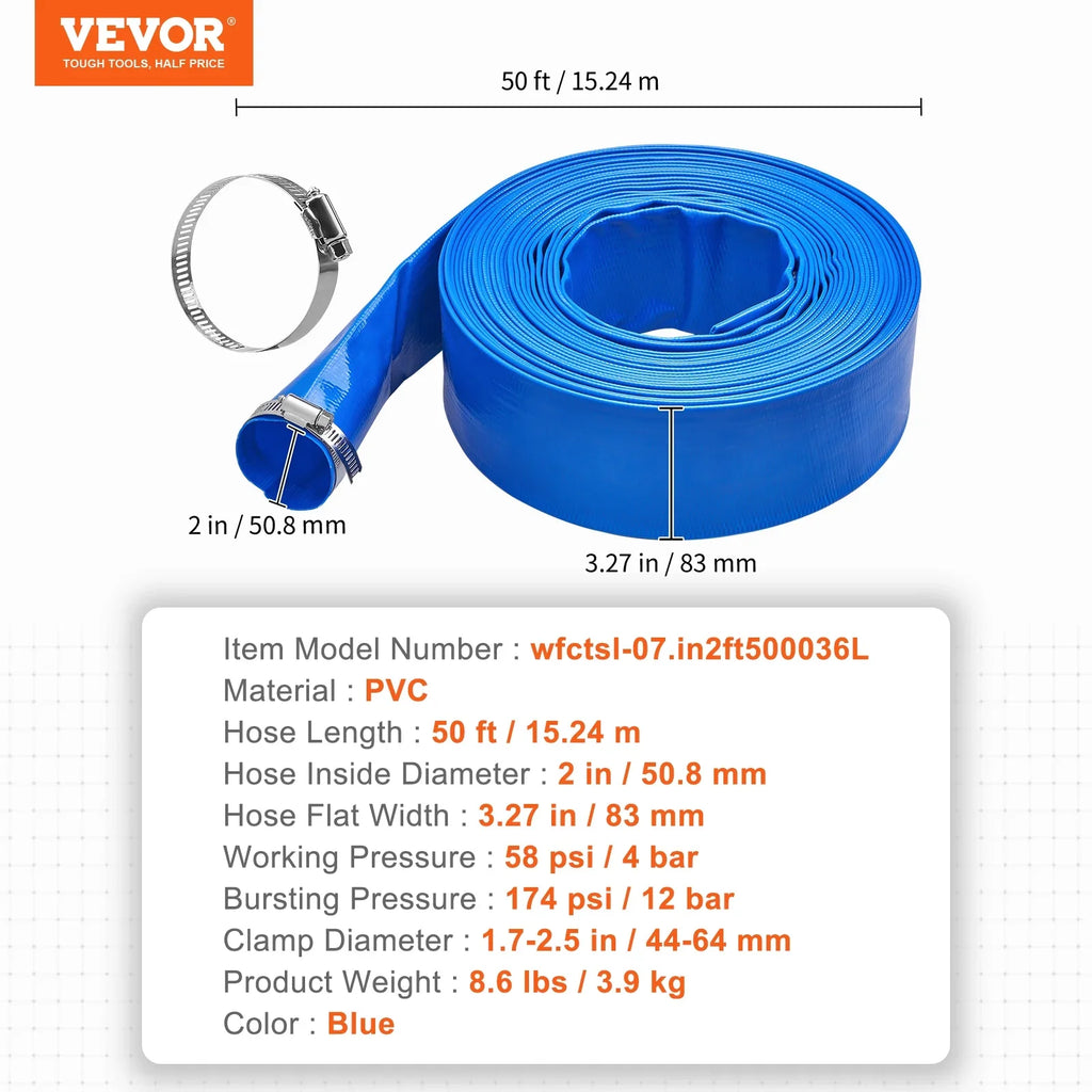 BENTISM Swimming Pool Filter Backwash Hose with Clamps 2'' x 50' Premium PVC Lay FLatitude Discharge Hose Blue Weather and Chemical Resistant