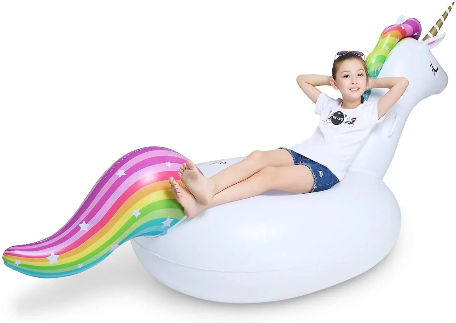 Big InfLatitudeable Unicorn Pool Float Floatie Ride On with Fast Valves Large Rideable Blow Up Summer Beach Swimming Pool Party Lounge Raft Decorations Toys Kids Adults