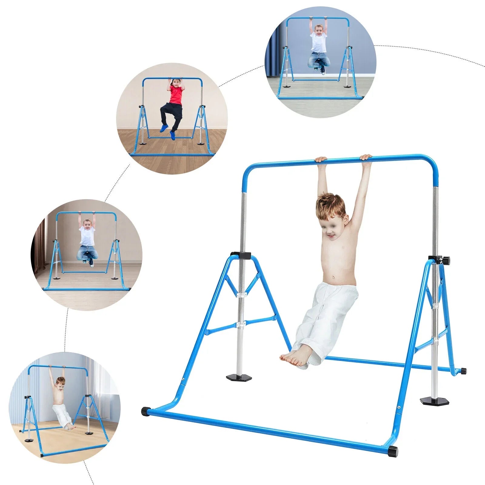 ZhdnBhnos Adjustable Kids Gymnastics Horizontal Bar Folding Junior Training Bar For Home Gym Max Load 100kg/220.5lbs Blue