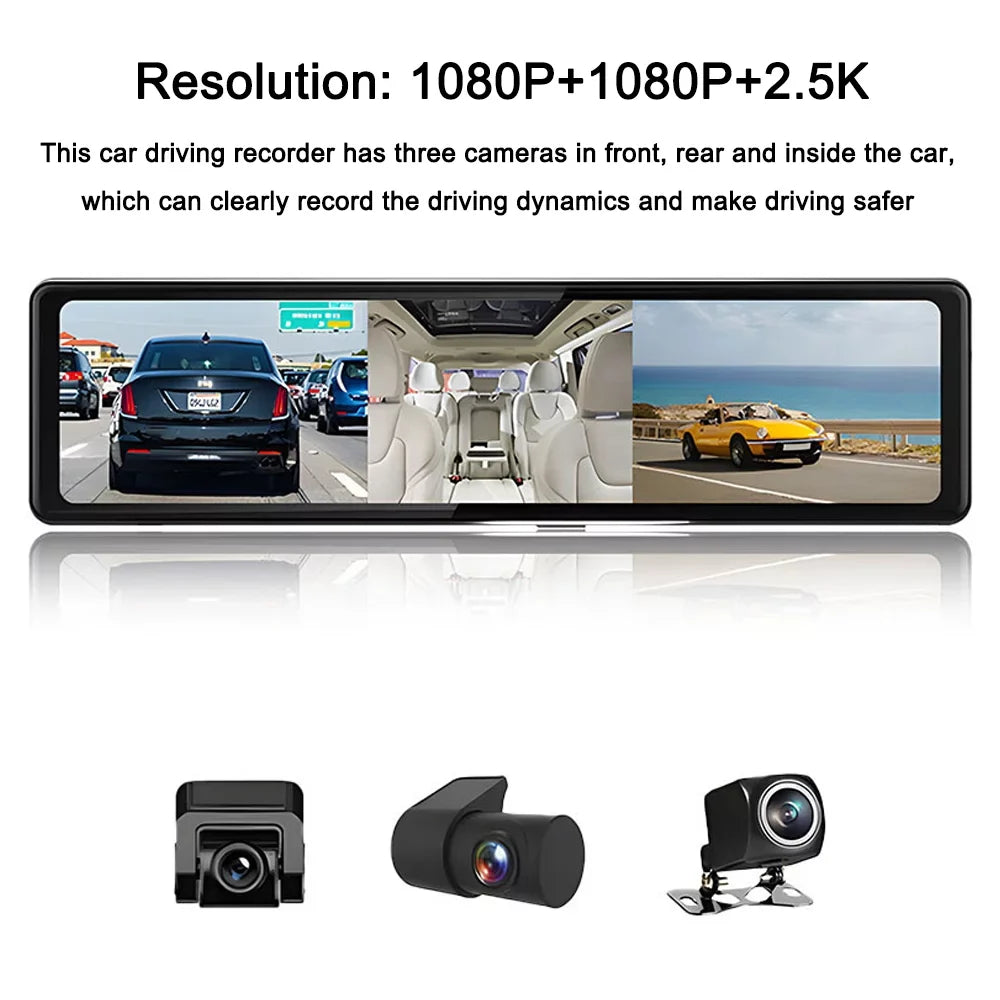 Gecheer 3 Cameras Dash Cam 12in 2.5K Clear Car Rearview Mirror  Car Video Recording  Touched Screen Car  Recorder Auto Driving Recorder
