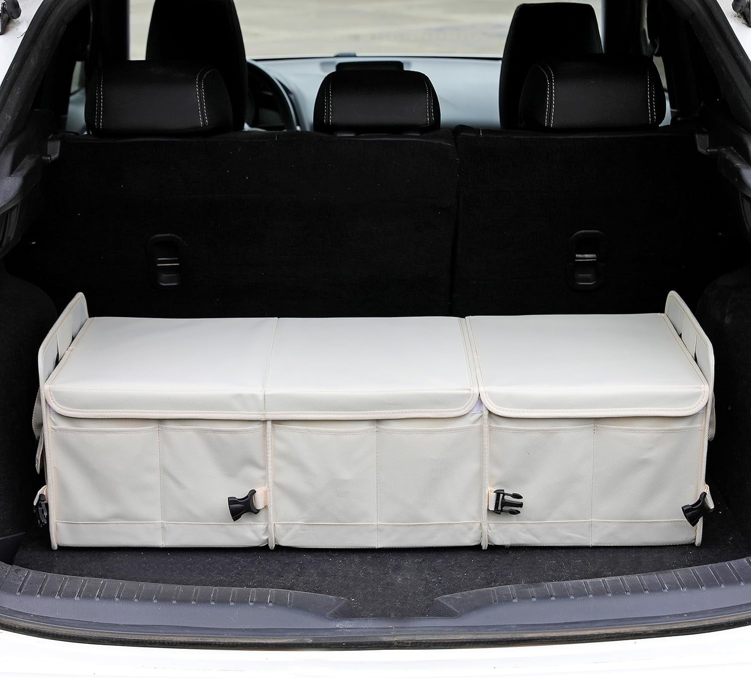 Glamor D Car Trunk Organizer with Lid Car Storage Organizer Collapsible Multi Compartment Adjustable Straps Car Organizer for SUV, Truck, Sedan(Beige)