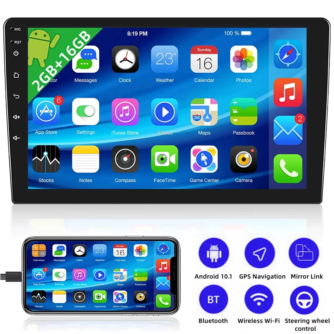 2022 Android 10.1 Inch Touch Screen Double Din GPS Navigate Car Stereo Radio With Bluetooth FM, Mirror Link, Backup Camera(2+16GB)