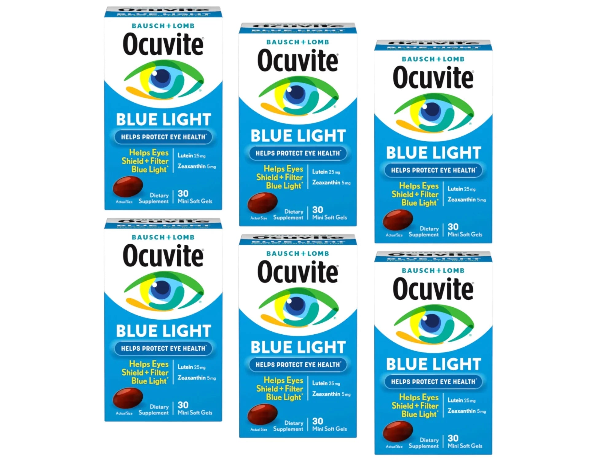Bausch & Lomb Ocuvite Blue Light Eye Health Supplement Soft Gels, 30 Count - Pack of 6