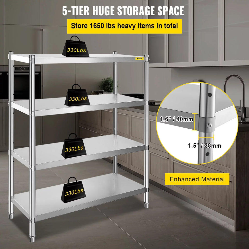 VEVORbrand 4-Tier Shelf Stainless Steel Shelving 330LB Capacity per Shelf Commercial Standing Shelf Unit  for Kitchen, Office, Garage Storage