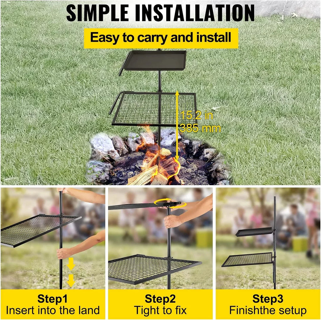 Campfire Grill Grate,Double Layer Fire Pit Grill Grate Over Fire Pit,Three Section Height Adjustable Grill Grate for Outdoor Open Flame Cooking
