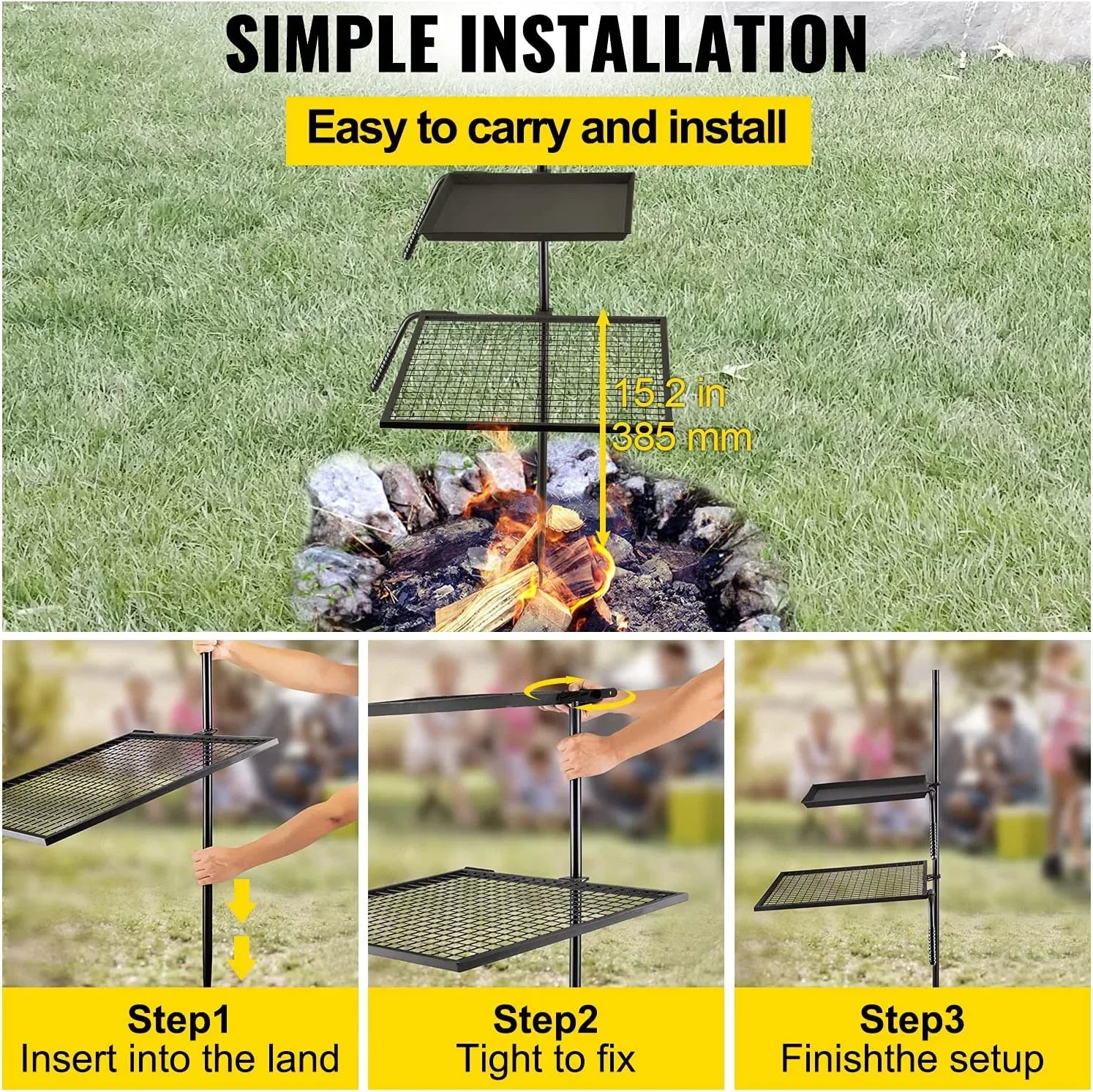 Campfire Grill Grate,Double Layer Fire Pit Grill Grate Over Fire Pit,Three Section Height Adjustable Grill Grate for Outdoor Open Flame Cooking