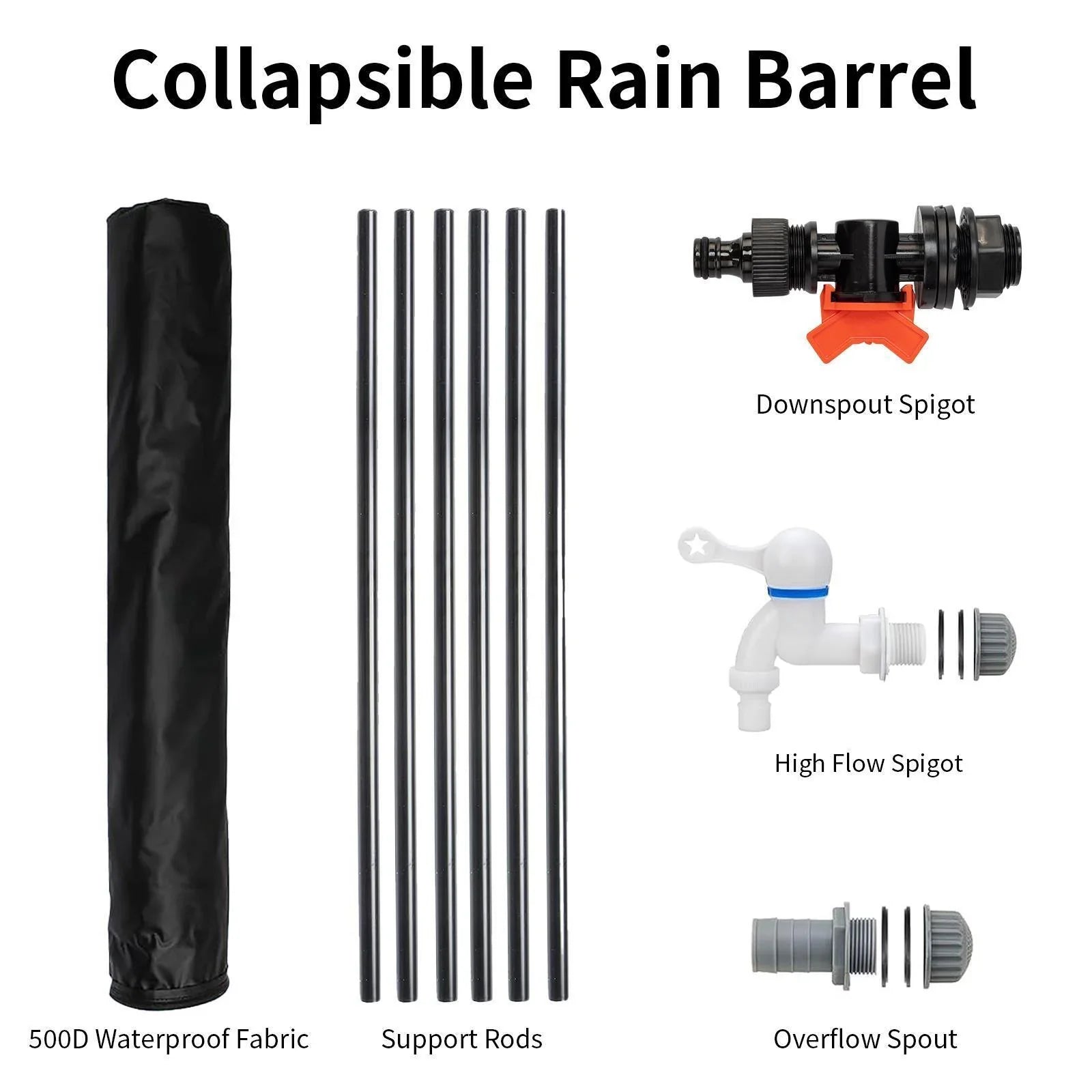 Portable Rain Barrel Water Collector Tank with Spigot Filter Black 50 Gallon