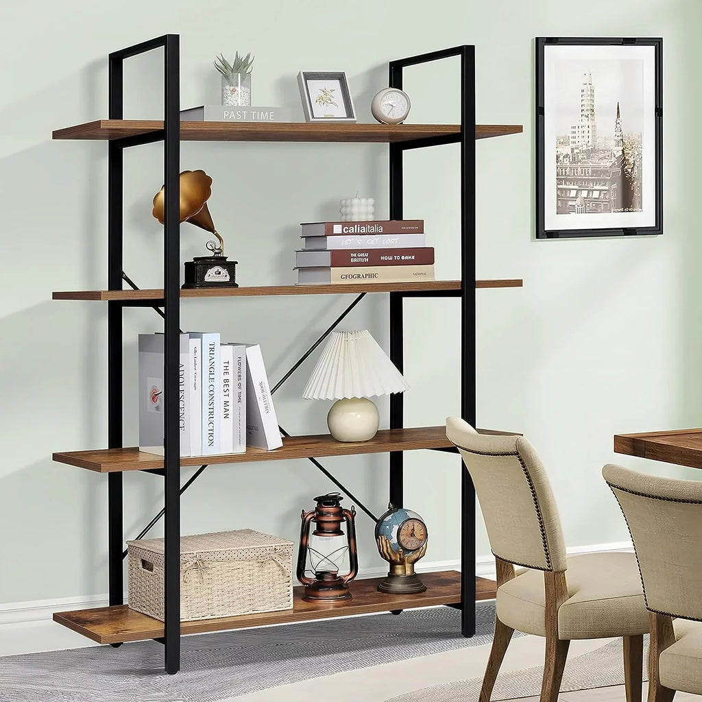 DIQIN 4-Tier Bookshelf, Tall Bookcase with Metal Frame, Book Shelf, Open Display Shelves for Living Room, Bedroom, Home Office, Rustic Brown