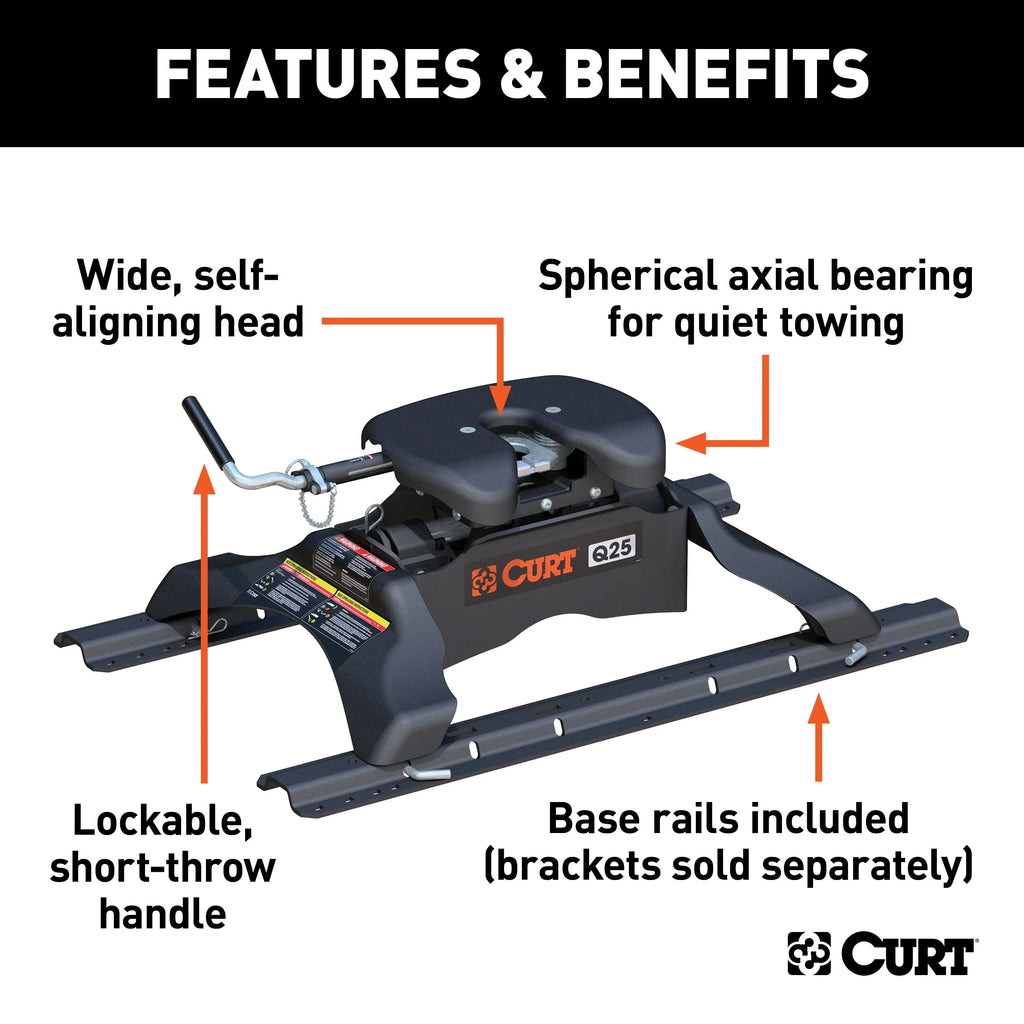 CURT 16266 Q25 5th Wheel Hitch with Base Rails, 25,000 lbs