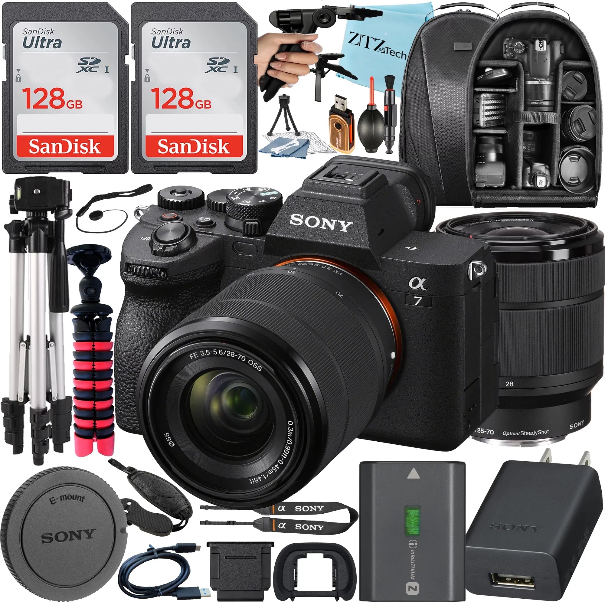 Alpha a7 IV Mirrorless Digital Camera with FE 28-70mm Lens + 2 Pack SanDisk 128GB Card + Case + Tripod + ZeeTech Accessory Bundle