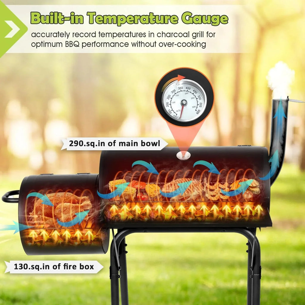 Outdoor BBQ Grill, Barrel Charcoal Grill with Offset Smoker, Camping Barbecue Grill for Patio Backyard Garden Party Picnic, Large 420.SQ.IN Cooking Area, 2 Screwdrivers & 6 Hooks - Black