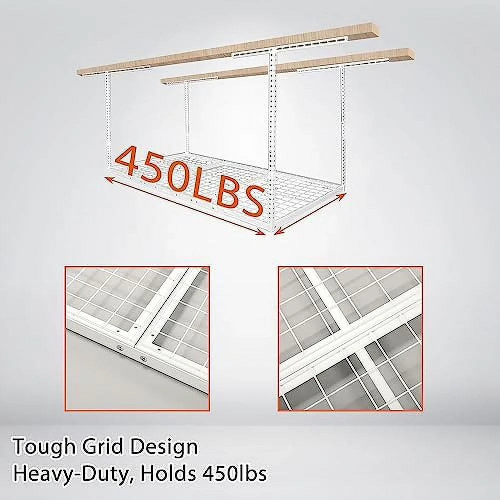 3X6 Overhead Garage Storage Rack Adjustable Ceiling Garage Organization Shelf Ceiling Mounted Storage Racks White
