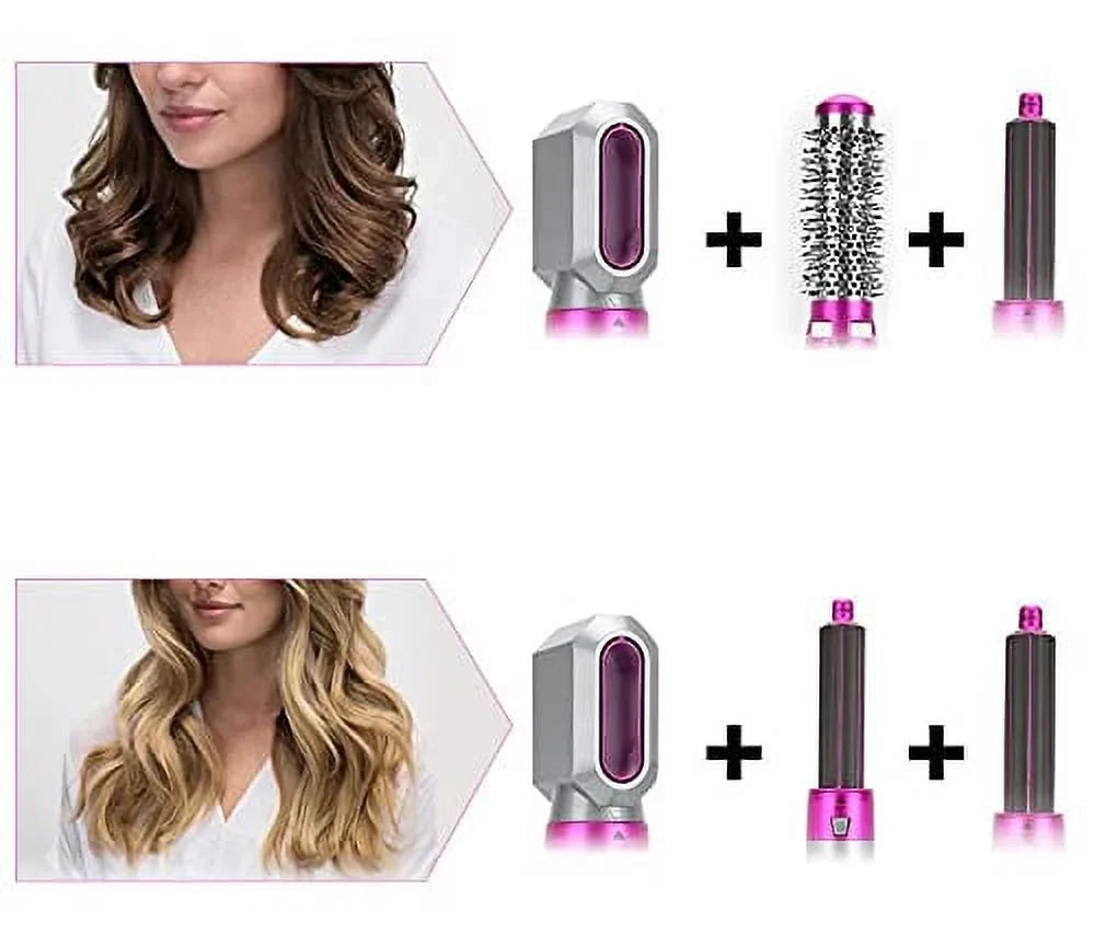 5-in-1 Electric Hair Dryer Brush - Negative Ionic Hair Styler with Detachable Brush Heads - Blow Dryer Brush for Straightening and Automatic Curling Styling, Color: Pink