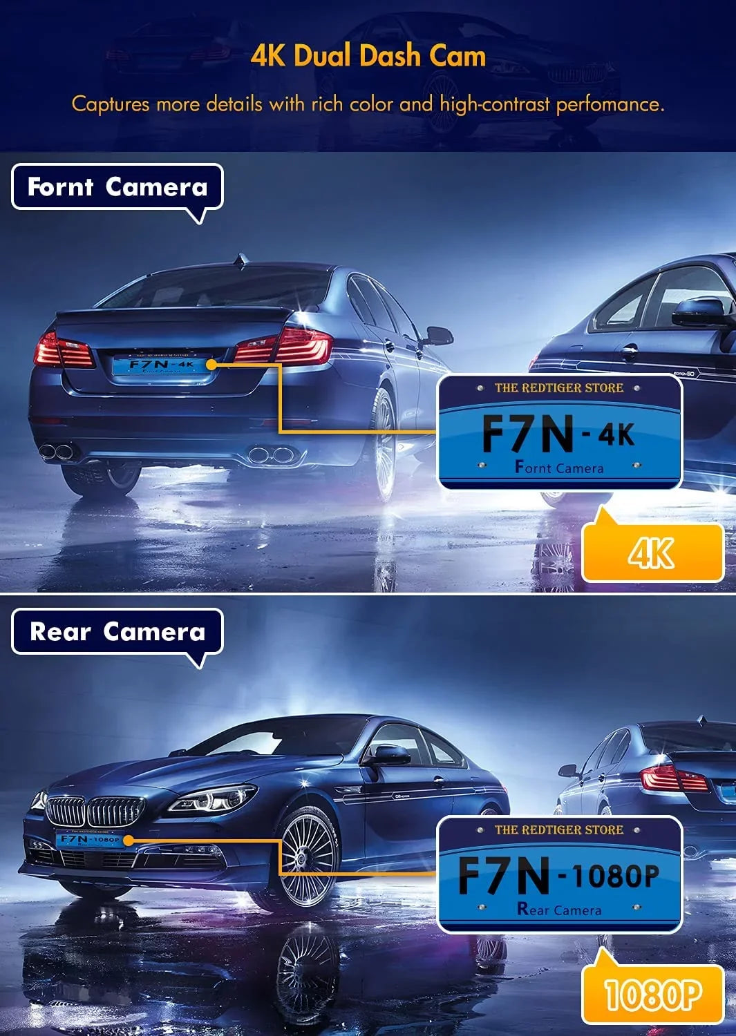 Dual Dash Cam Front and Rear 4K+1080P Dash Cam for Cars, 3" Car Dash Camera with Parking Monitor, Support 256GB
