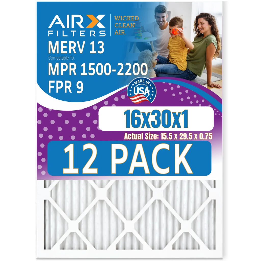 16x30x1 Air Filter MERV 13 Rating, 12 Pack of Furnace Filters Comparable to MPR 1500 - 2200 & FPR 9 - Made in USA by AIRX FILTERS WICKED CLEAN AIR.