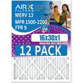 16x30x1 Air Filter MERV 13 Rating, 12 Pack of Furnace Filters Comparable to MPR 1500 - 2200 & FPR 9 - Made in USA by AIRX FILTERS WICKED CLEAN AIR.