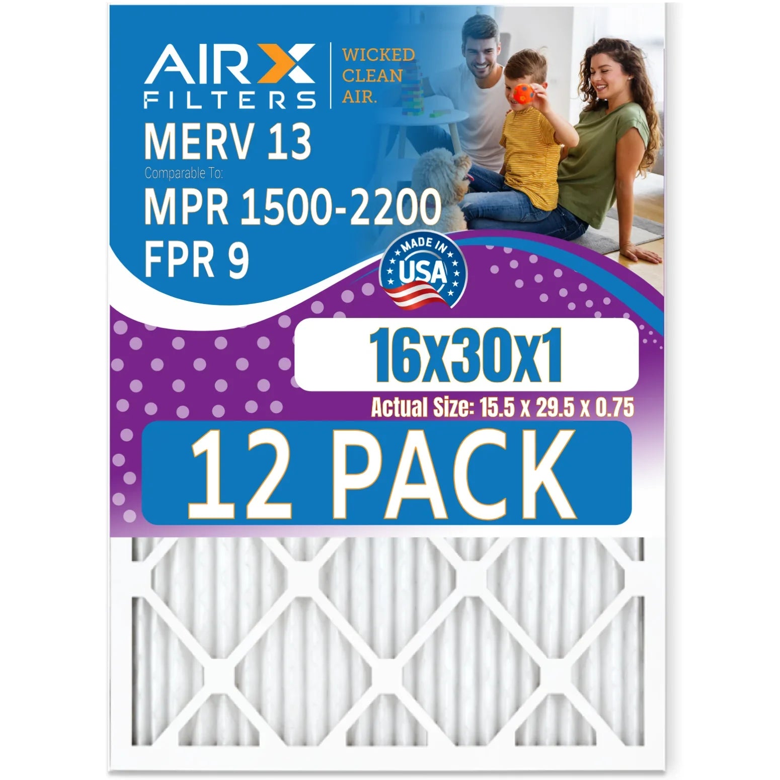 16x30x1 Air Filter MERV 13 Rating, 12 Pack of Furnace Filters Comparable to MPR 1500 - 2200 & FPR 9 - Made in USA by AIRX FILTERS WICKED CLEAN AIR.