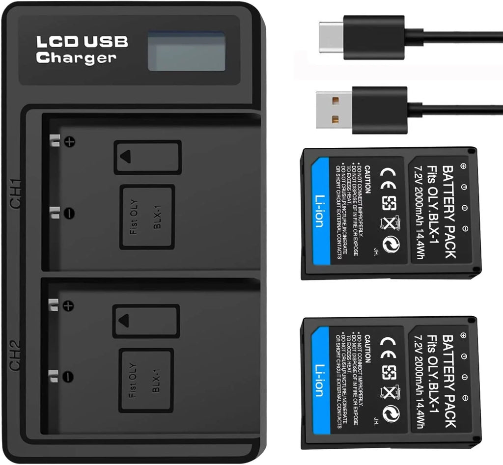 2-Pack BLX-1 Rechargeable Battery and Dual Battery Charge Station for Olympus OM System OM-1 Camera [7.2V/2000mAh]