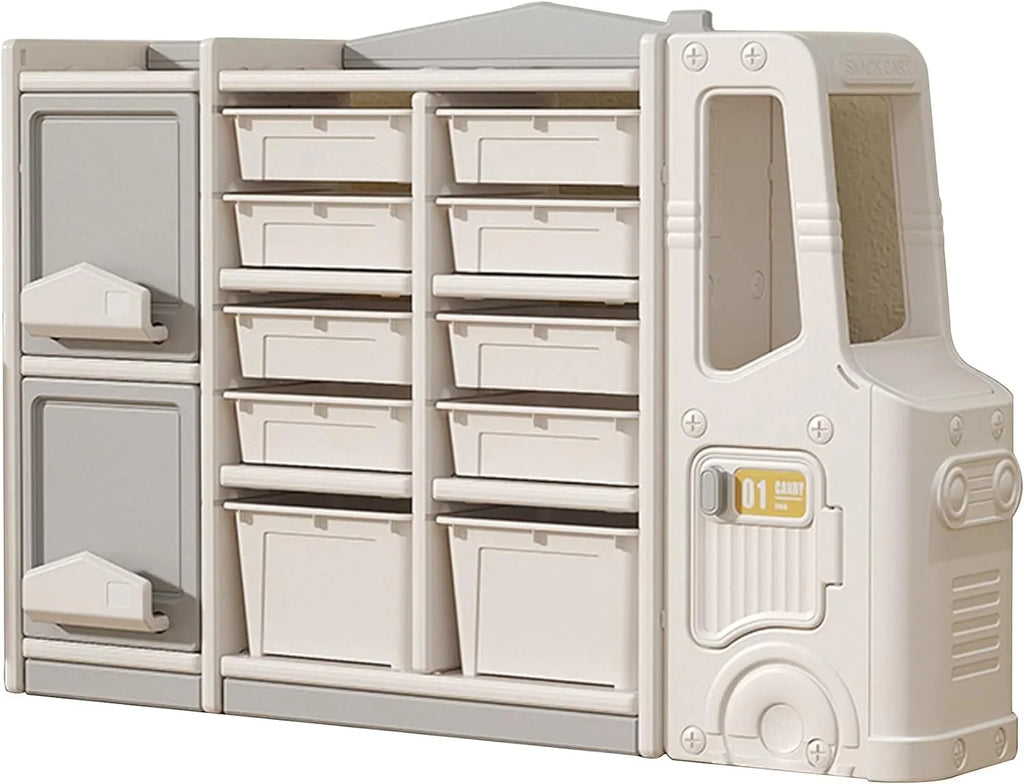 RUNFAYBIU Toy Organizer  Multi-Functional Bookshelf and Toy Box  Closed Cabinet and Pull-Out Drawer for Playroom  Children's Bedroom and Nursery. (10 Organizer Boxes + 2 Organizer Cab