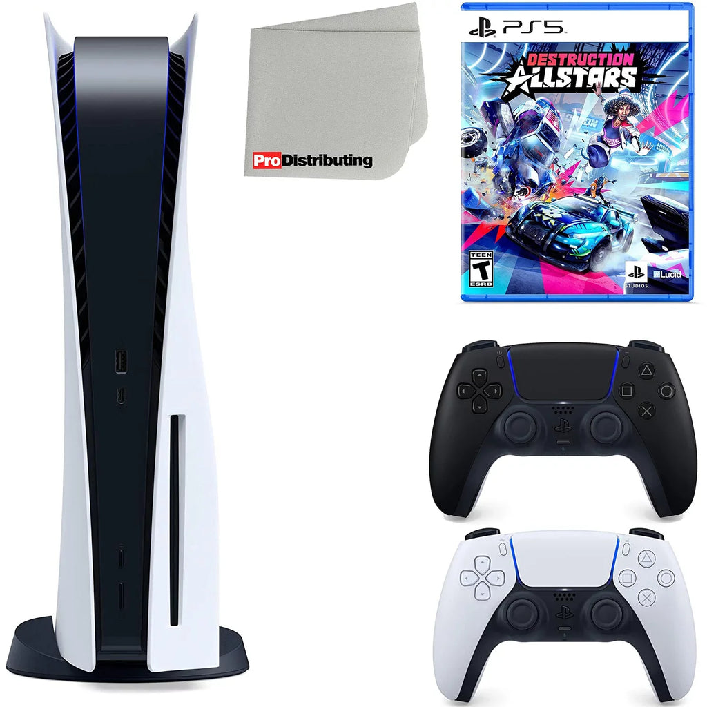 Playstation 5 Disc Version ( PS5 Disc) with Midnight Black Extra Controller, Destruction Allstars and Microfiber Cleaning Cloth Bundle