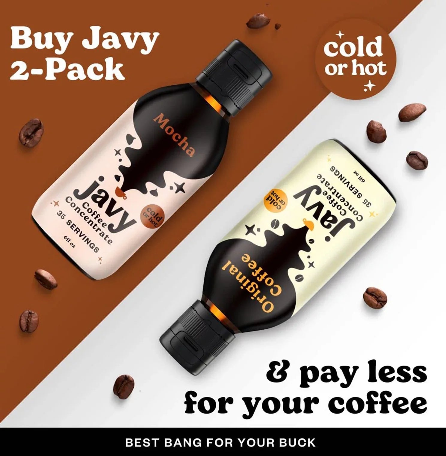 Javy Cold Brew Coffee Concentrate Bundle, 2 Flavor Original & Mocha Coffee Variety Pack, Ice & Cold Coffee Drinks in Seconds, Coffee gifts, 12 ounces