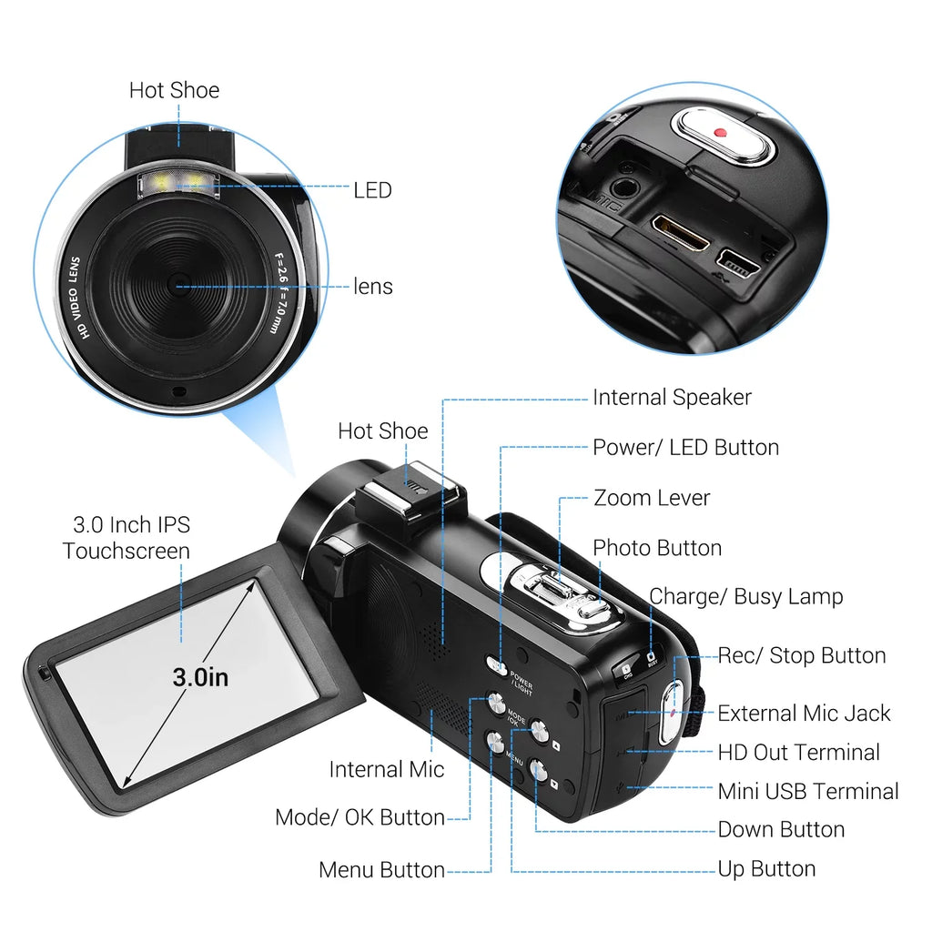 Andoer 4K Handheld DV Professional Digital Video CMOS Sensor Camcorder with Hot Shoe for Mounting Microphone 3.0 Inch IPS Monitor Burst -Shaking Function