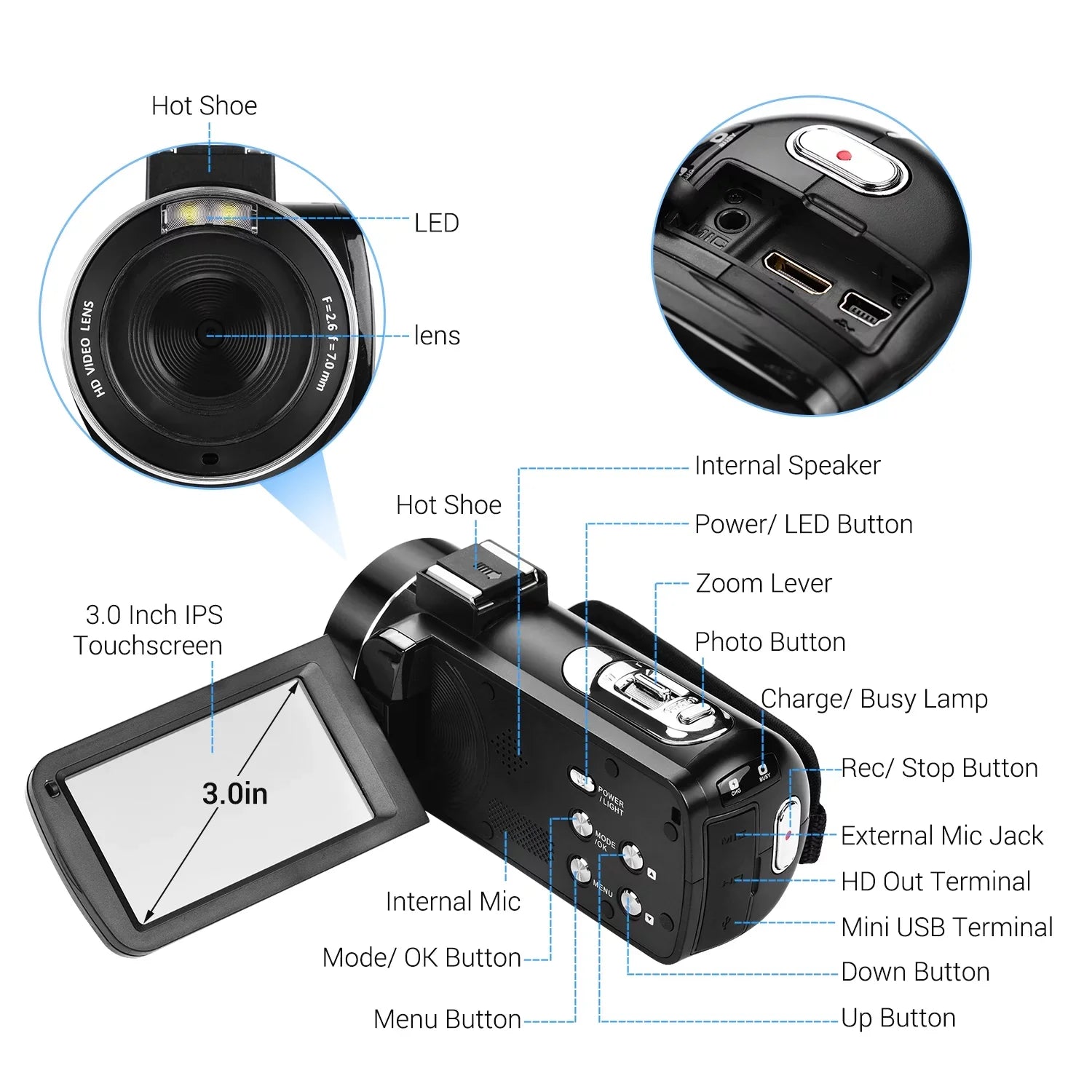 Andoer 4K Handheld DV Professional Digital Video CMOS Sensor Camcorder with Hot Shoe for Mounting Microphone 3.0 Inch IPS Monitor Burst -Shaking Function