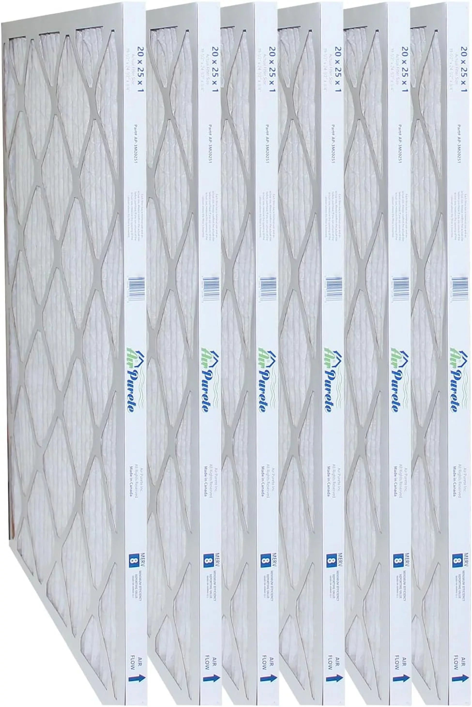 AirPurete Furnace Filters AP-3M20251 | Pack of 6 | Nominal Size: 20x25x1 |Actual Size: 19-1/2” x 24-1/2” x 3/4” |High Capacity MERV 8