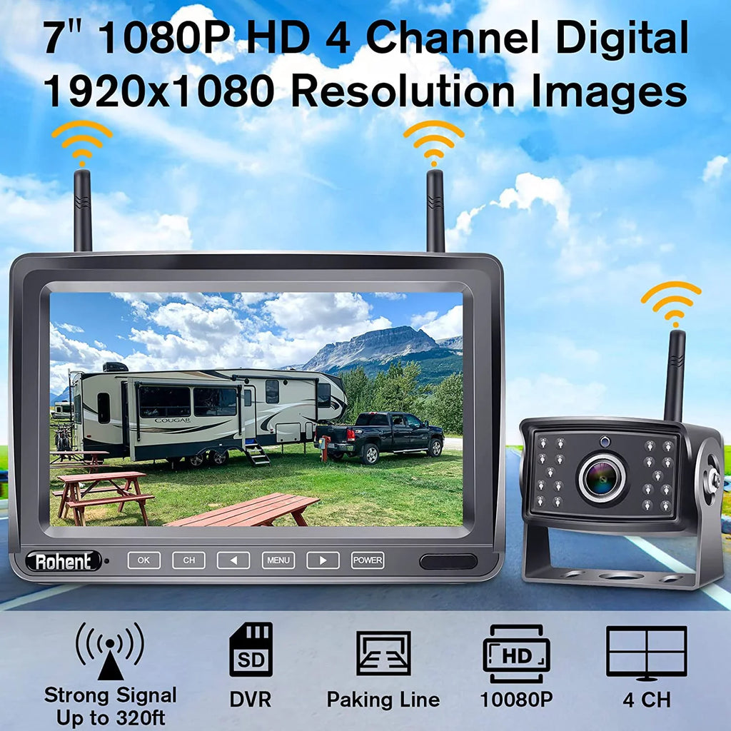 Upgraded Digital Wireless Backup Camera High-Speed Observation System for RV Truck Trailers Camper 5th Wheel with 7" Monitor Split Screen Recorder Driving/Reverse Use IP69K Waterproof Night