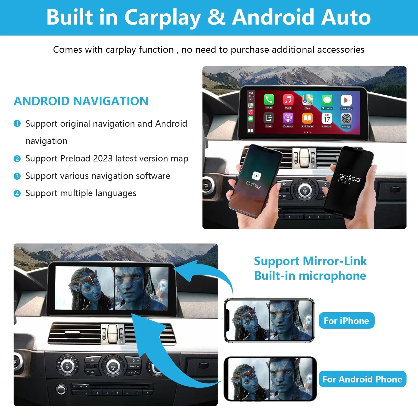 Road Top Android 13 Car Radio 8.8 Inch Touchdisplay for 2010-2013 BMW 3/5 Series E60/E61/E90/E91/E92 with CIC, Multimedia Car Radio Supports  Carplay, Android Auto, Mirrorlink, 8G + 256G
