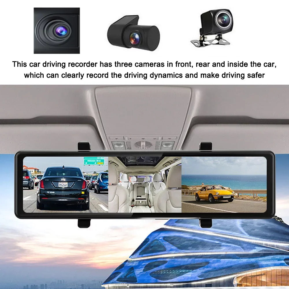Gecheer 3 Cameras Dash Cam 12in 2.5K Clear Car Rearview Mirror  Car Video Recording  Touched Screen Car  Recorder Auto Driving Recorder