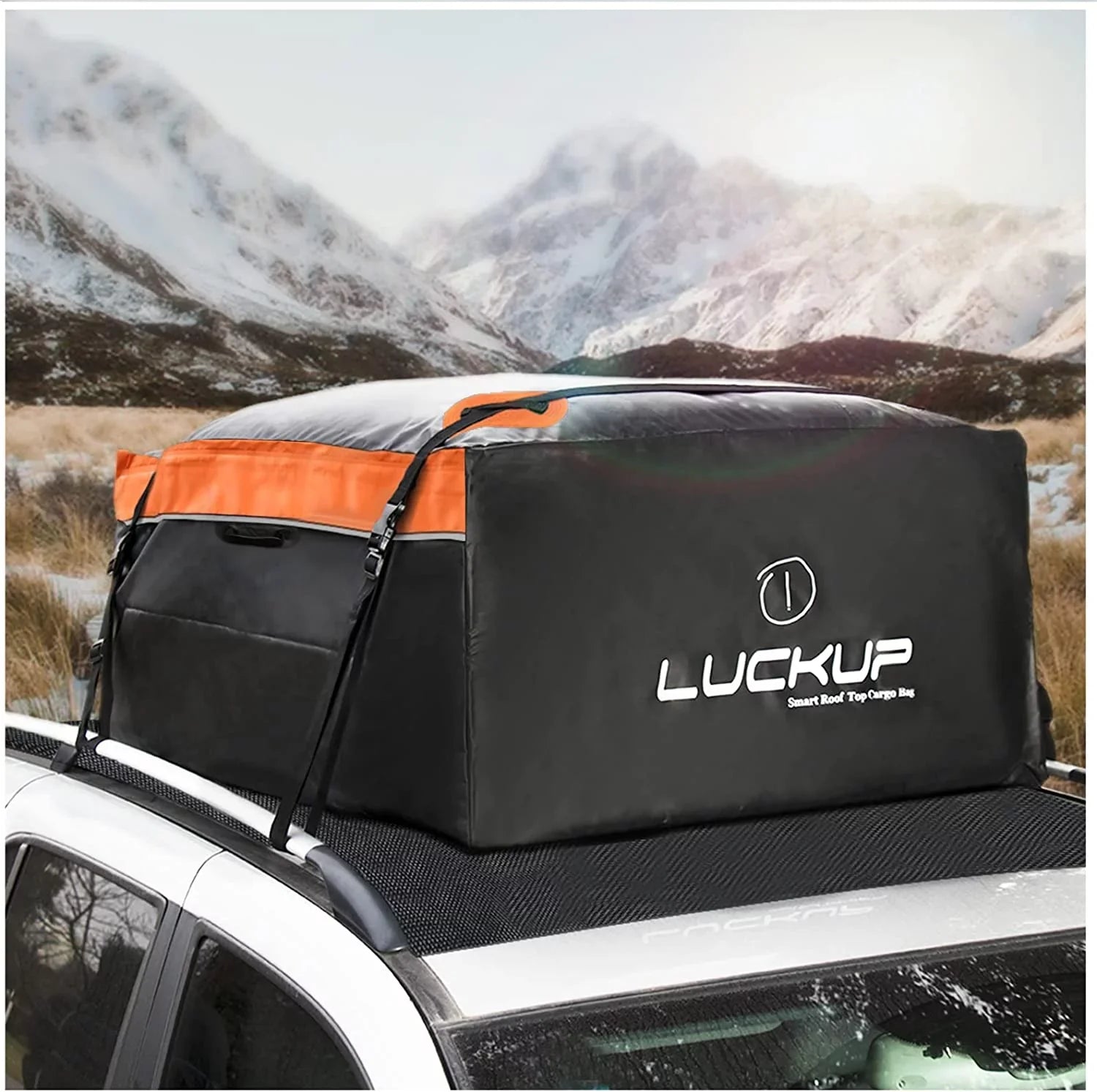 LUCKUP Roof Rack Car Cargo Carrier Bag,18.5 Cubic Ft Rooftop Box, Waterproof &Durable with Anti-Slip Mat, Heavy Duty Wide Straps and Buckles, Compatible for All Car Models (Black & Orange)