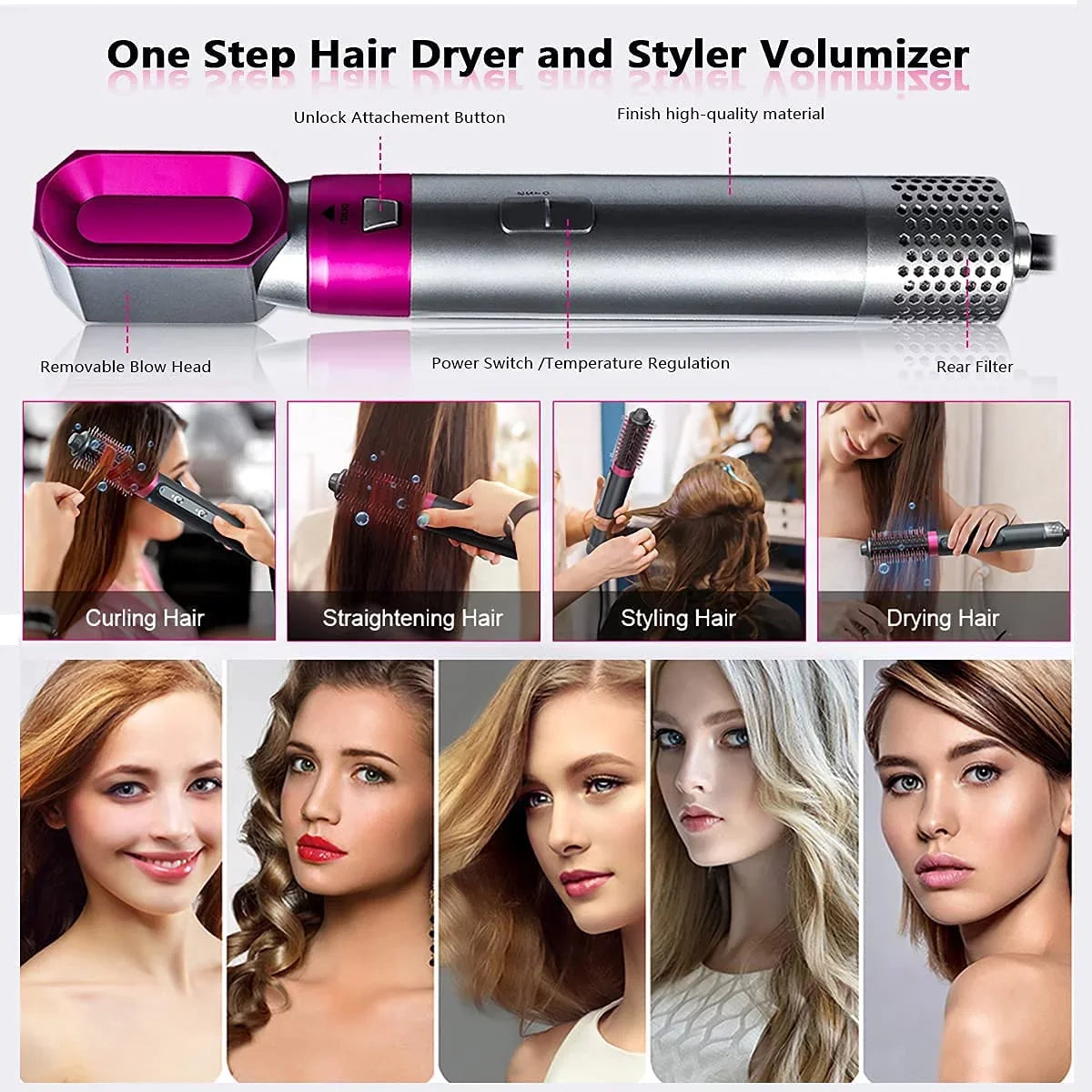 5-in-1 Electric Hair Dryer Brush - Negative Ionic Hair Styler with Detachable Brush Heads - Blow Dryer Brush for Straightening and Automatic Curling Styling, Color: Pink