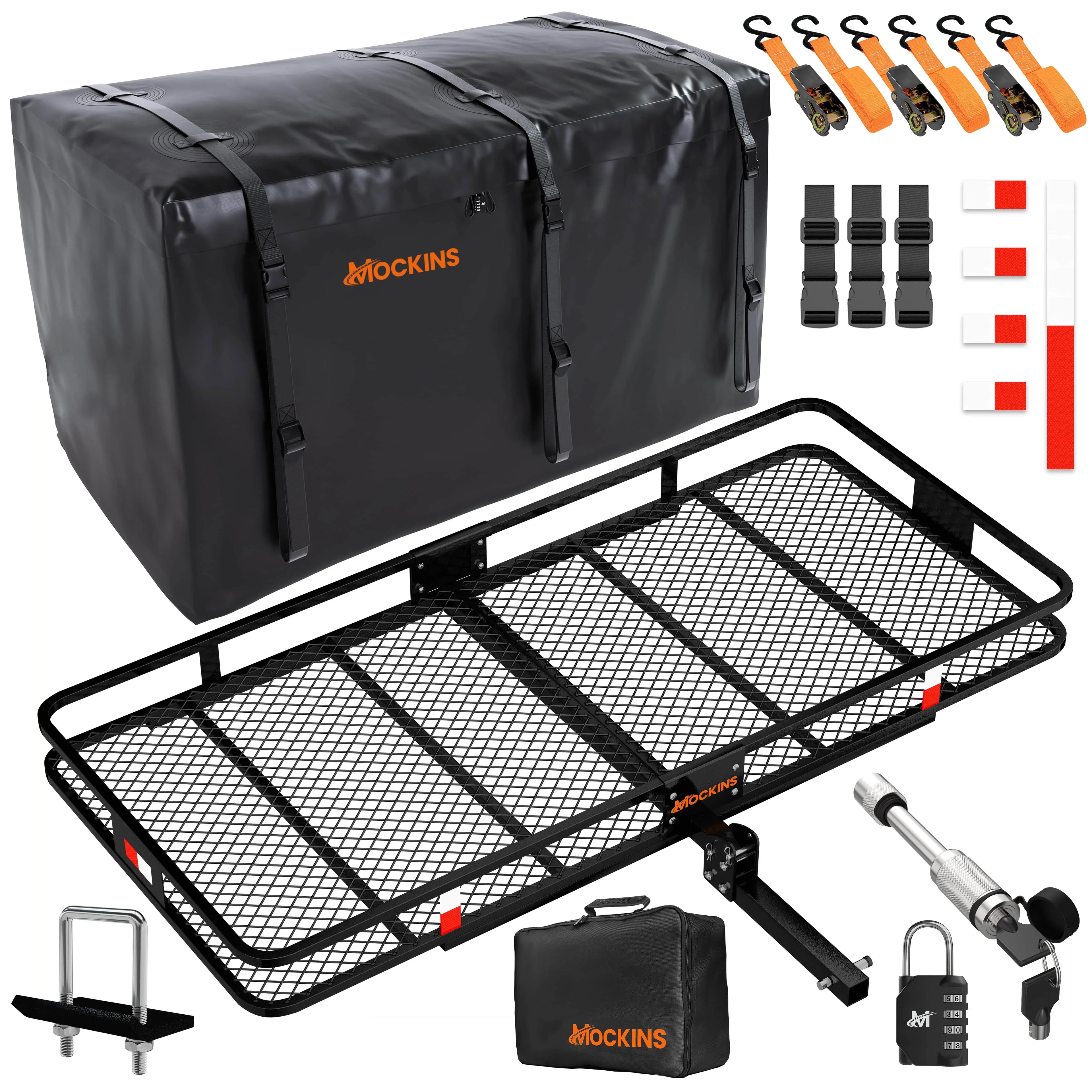Mockins 70"x30"x6" XXL Trailer Hitch Cargo Carrier Hitch Mount | 500lbs Cap. Hitch Basket with 40 CF Bag & Foldable Arm