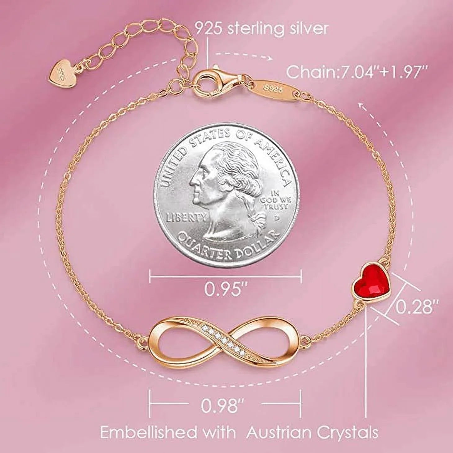 925 Sterling Silver Rose Gold Infinity Red Crystal Bracelet