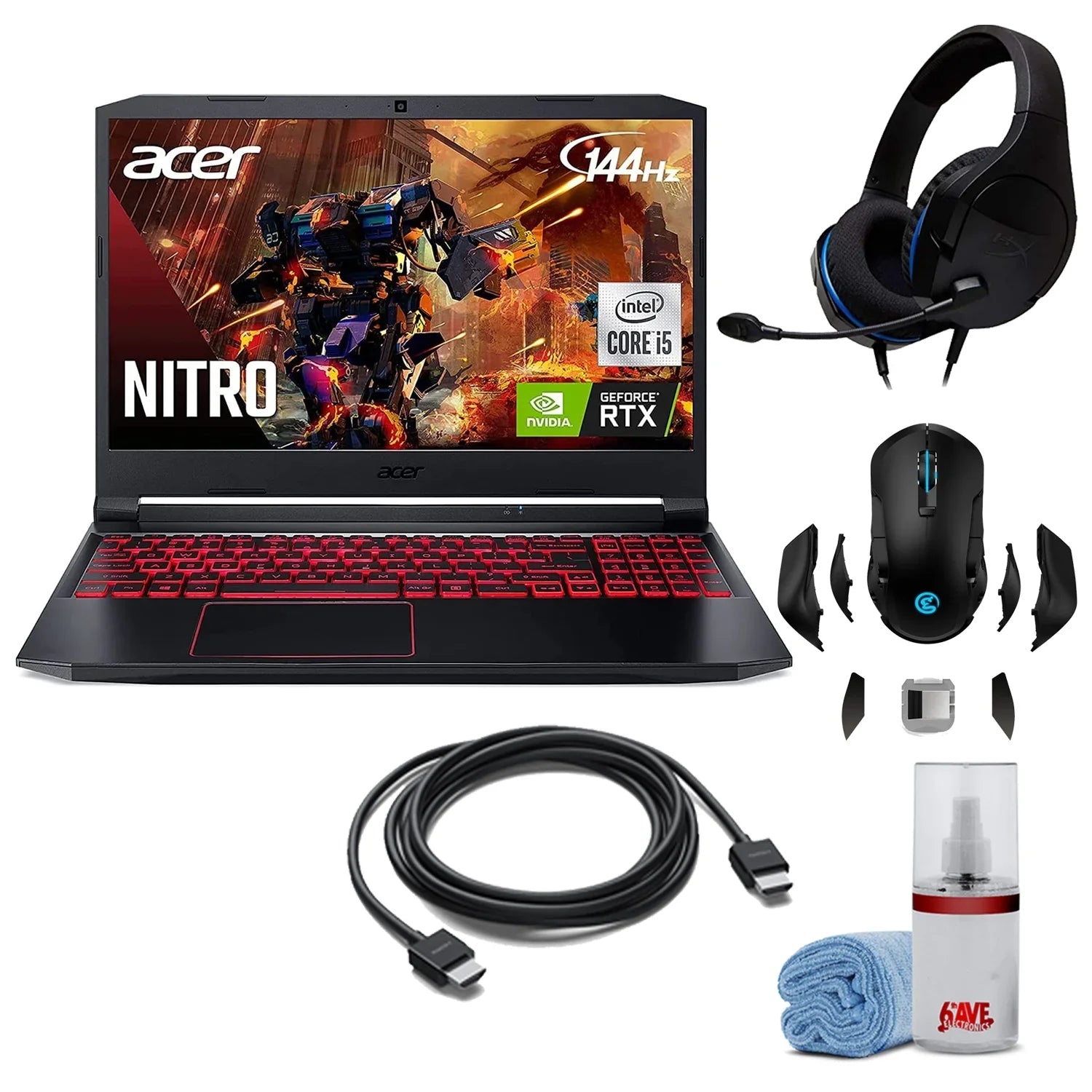 Acer Nitro 5 15.6-Inch 144hz IPS Gaming Laptop + High Quality 6ft HDMI Cable + LCD Screen Cleaner + Wired Stereo Gaming Headset + Gaming Mouse