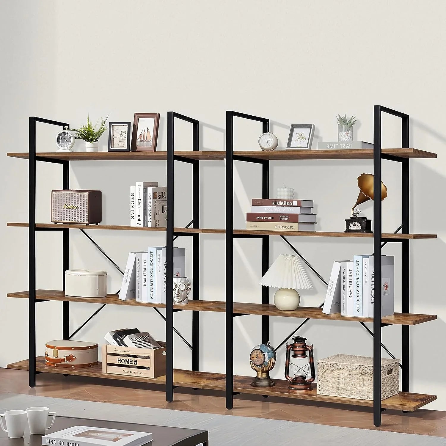 DIQIN 4-Tier Bookshelf, Tall Bookcase with Metal Frame, Book Shelf, Open Display Shelves for Living Room, Bedroom, Home Office, Rustic Brown
