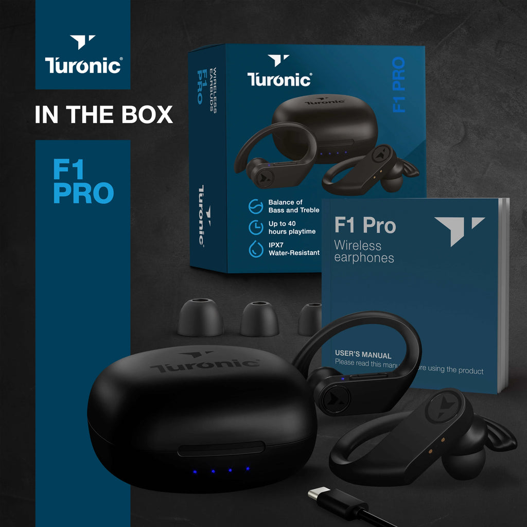 Turonic F1 Pro - True Wireless Earbuds - 45H Playtime, Charging case, Mic, IPX7 Waterproof Bluetooth Headphones w/Microphone - Sport Wireless Earphones with Earhook for Gym, Running, Workout - Black