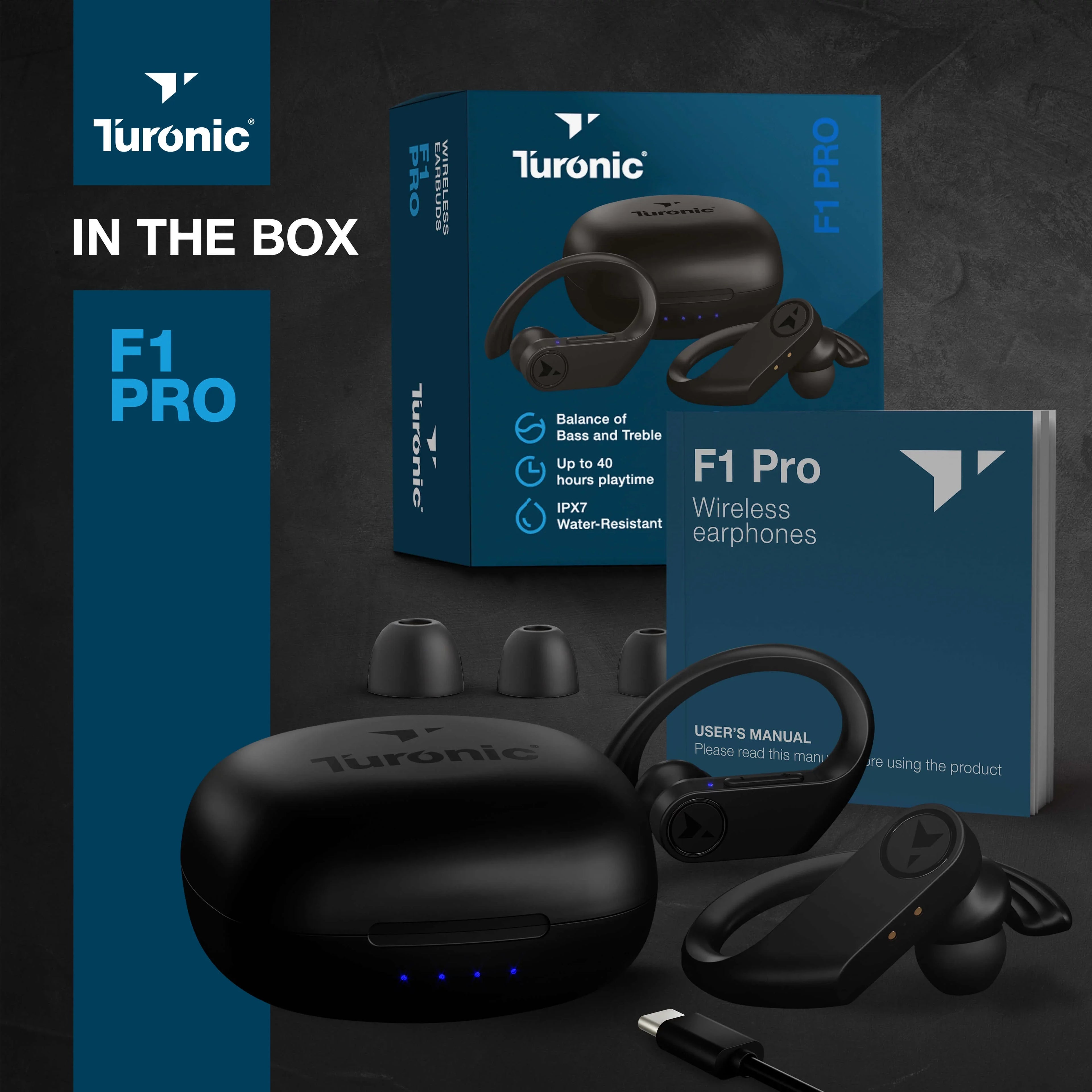 Turonic F1 Pro - True Wireless Earbuds - 45H Playtime, Charging case, Mic, IPX7 Waterproof Bluetooth Headphones w/Microphone - Sport Wireless Earphones with Earhook for Gym, Running, Workout - Black