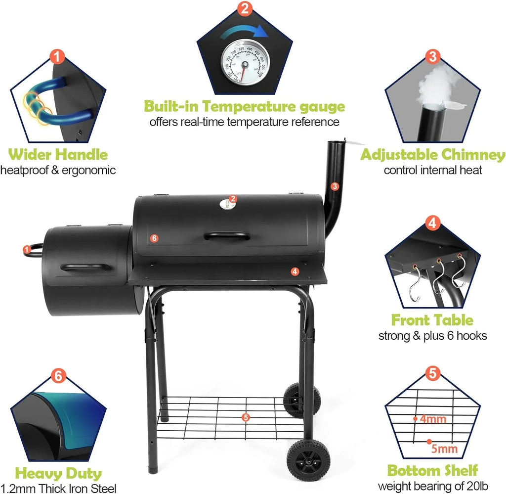 Outdoor BBQ Grill, Barrel Charcoal Grill with Offset Smoker, Camping Barbecue Grill for Patio Backyard Garden Party Picnic, Large 420.SQ.IN Cooking Area, 2 Screwdrivers & 6 Hooks - Black