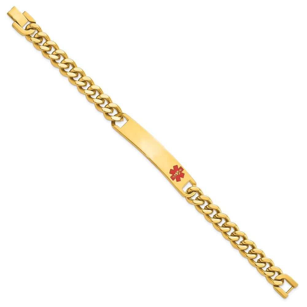 Stainless Steel Bracelet Medical Curb Kelly WatersT 10 mm 8.25 in Waters Yellow PVD PLatitudeed Red Epoxy ID Engravable