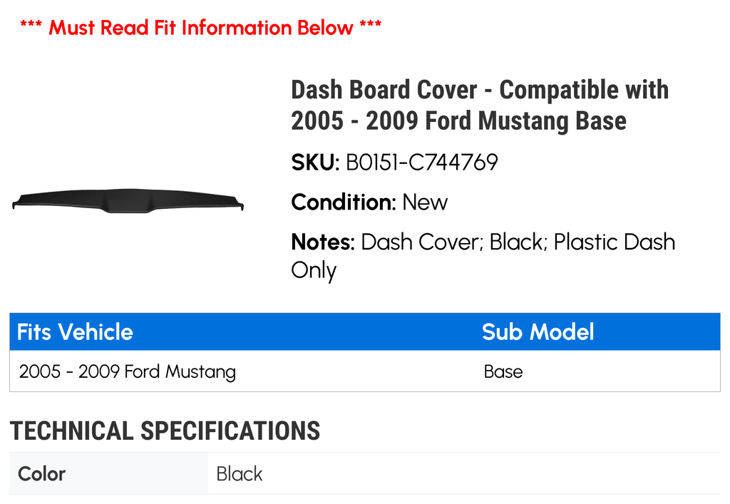 Dash Board Cover - Compatible with 2005 - 2009 Ford Mustang Base 2006 2007 2008