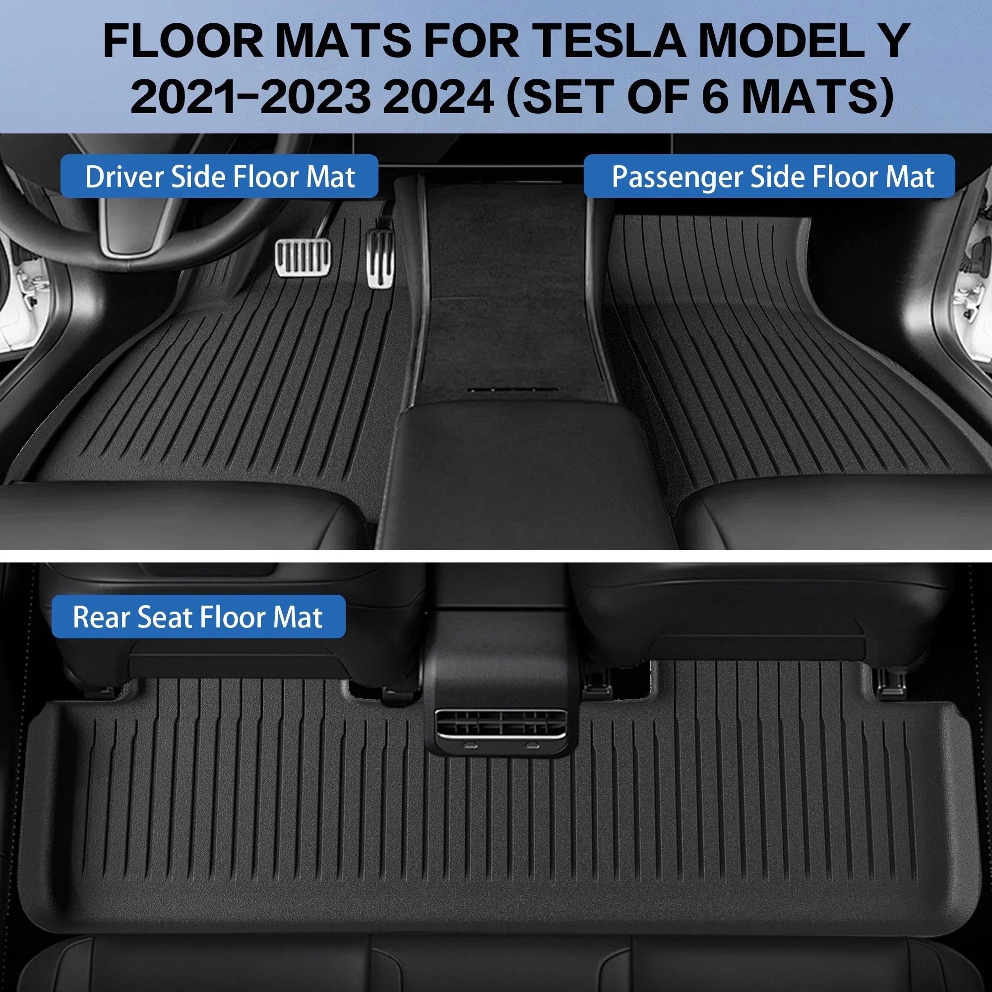 WEIZE Floor Mats Set for Tesla Model Y 2021-2023 2024, All Weather TPE Waterproof Anti-Slip Front & Rear Trunk Mats Cargo Liners Accessories, Custom Fit for Tesla 5-Seater, Set of 6 Mats