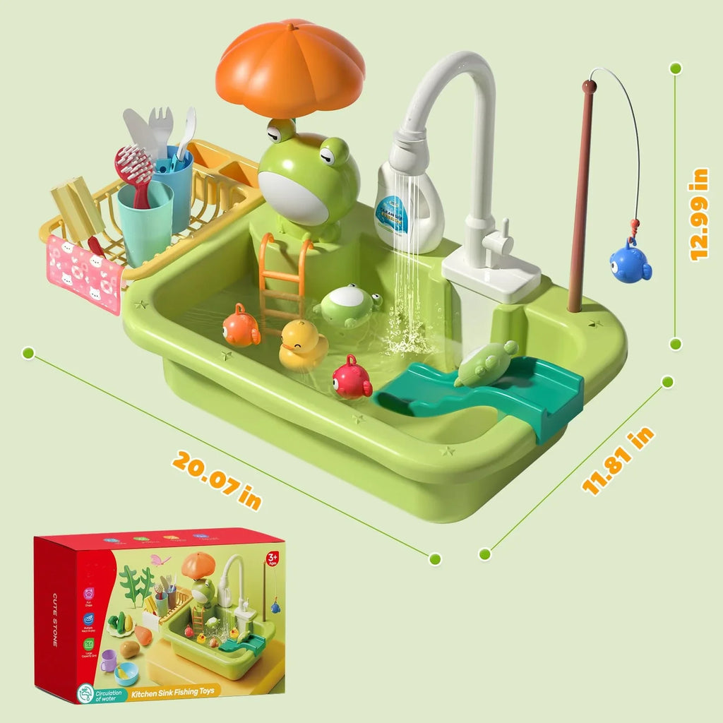 Play Sink with Running Water, Kitchen Sink Toys with Upgraded Electric Faucet, Play Kitchen Toy Accessories, Pool Floating Fishing Toys for Water Play, Kids Role Play Dishwasher Toy