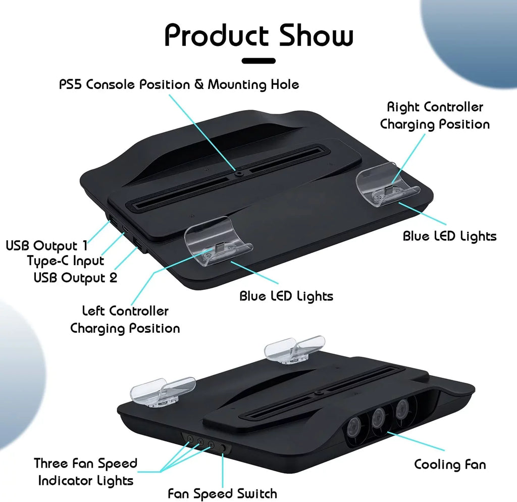 Cooling Fan and Dual Controller Charger Station for PS5 Console, Cooler Station and Charging Dock with Extra USB Ports for Playstation 5 UHD and Digital Edition