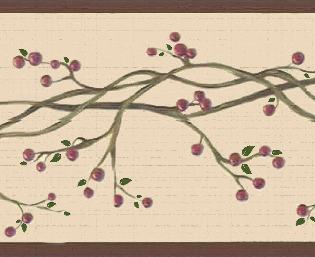 Dundee Deco Peel and Stick Wallpaper Border - Retro Red, Sepia Winterberries on Vine, 15 ft x 7 in