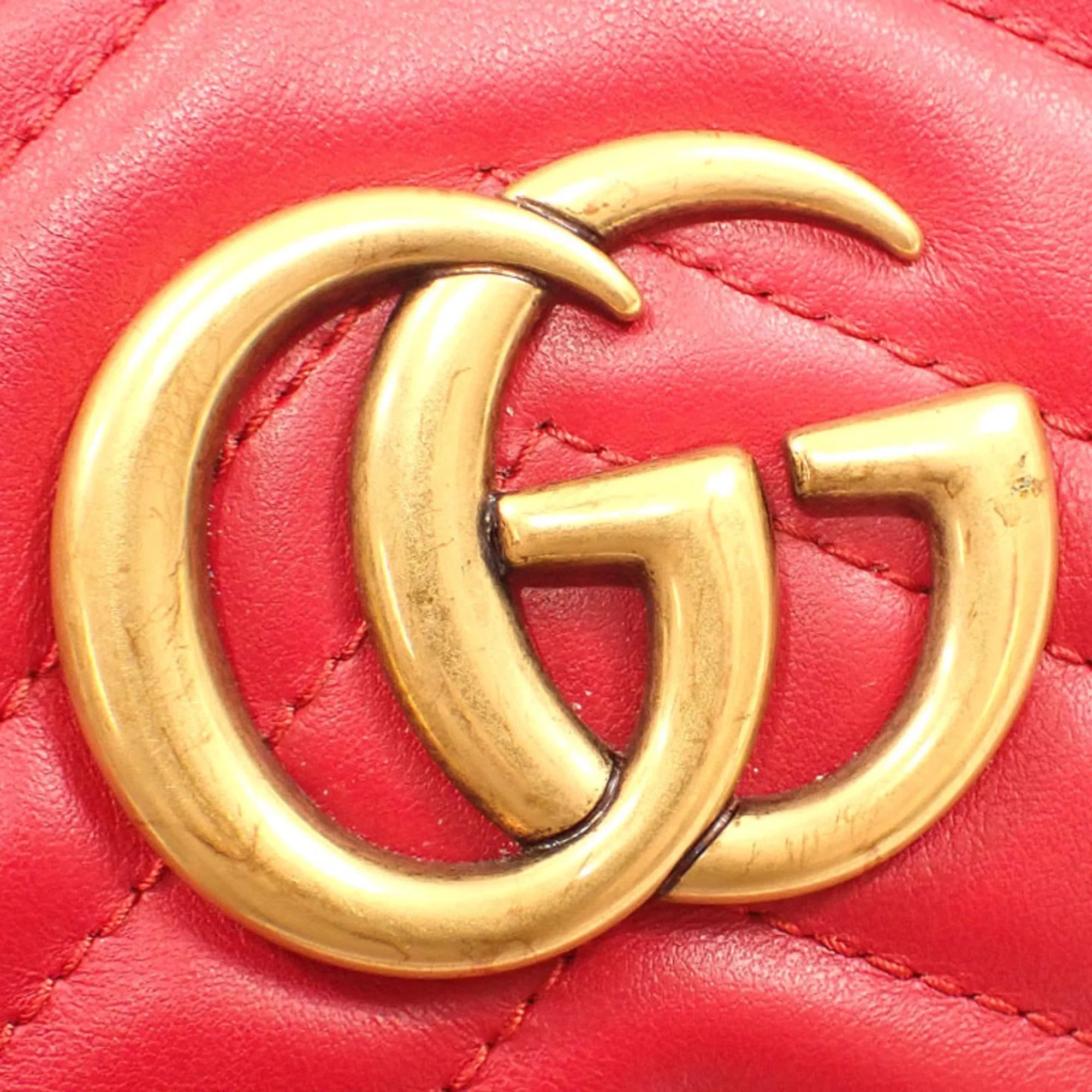 Pre-Owned Gucci Quilted Small Shoulder Bag GG Marmont Women's Red Leather 447632 (Good)